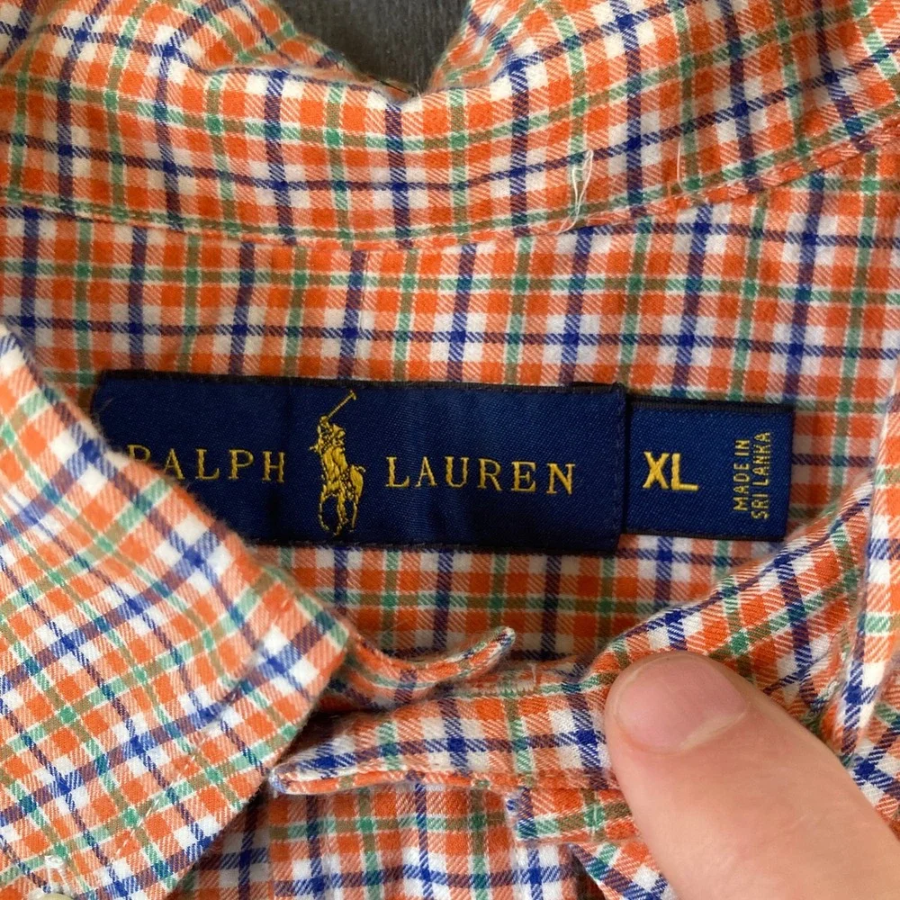Polo Ralph Lauren Mens XL Orange Blue Plaid Button Down Shirt Cotton Long Sleeve
